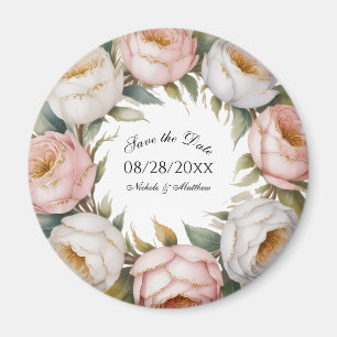 Erröten und Elfenbein-Rosen-Blumen-Save-the-Date Magnet