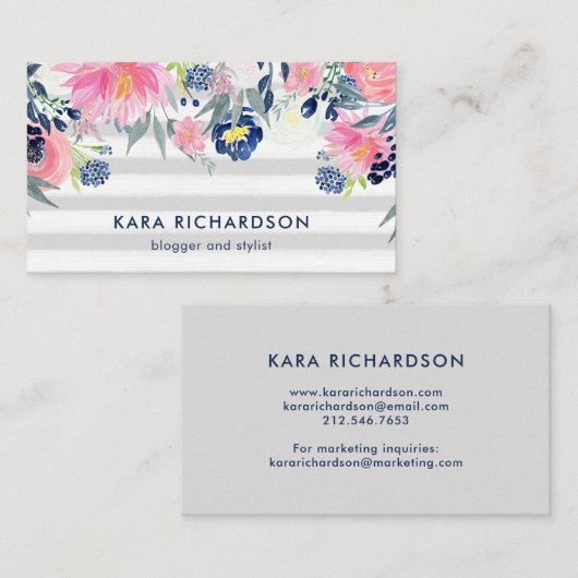 Erröten und Marinewatercolor-Blumen mit Streifen Visitenkarte (Vorne/Hinten)