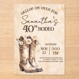 Erröten und Stiefel 40. Rodeo Western Geburtstag Acryleinladungen