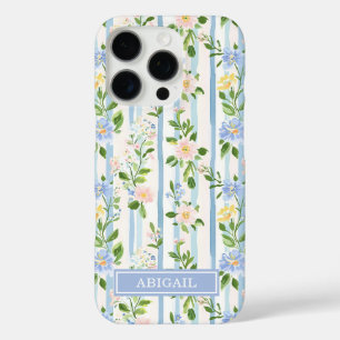 Errötend blaue florale Wasserfarben gestreifte Per iPhone 16 Pro Hülle