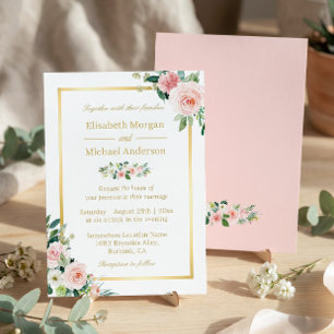Errötend Rosa Blumen Goldrahmen Elegante Hochzeit Einladung