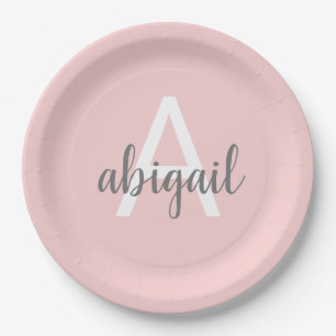 Errötend Rosa Moderne Grau Süße Monogramm Pappteller