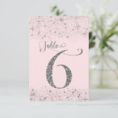Errötend Rosa Silber Glitter Tischkarten Nummer 6 Einladung (Stehend Vorderseite)