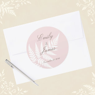 Errötend Rosa Weiße Farn Elegante Hochzeit Runder Aufkleber