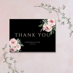Errötend & Schwarze elegante Floral-Aquarell Dankeskarte