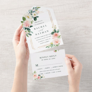 Errötend Weiße Blüte Gold Rechteckrahmen Hochzeit All In One Einladung