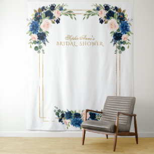 Errötende blaue florale goldene Hochzeitsdusche Fo Wandteppich