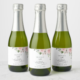 Errötende Blumen, rosa Blumen, Grünzeug, Geburtsta Schaumweinetikett