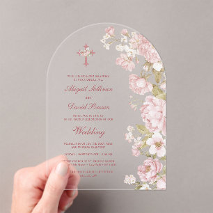 Errötende Blumenbogen religiöse Hochzeit Acryleinladungen