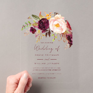 Errötende Burgunder Florale Hochzeit   Acryleinladungen