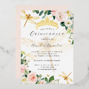 Errötende Florale Gold Libelle Quinceanera Folieneinladung
