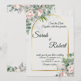Errötende Florale Goldene Bogen-Hochzeitseinladung Einladung