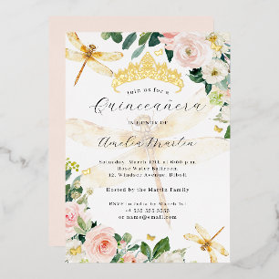Errötende Florale Goldene Libelle Quinceanera Folieneinladung