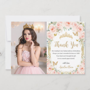 Errötende Florale Goldene Quinceañera Sweet 16 Fot Dankeskarte