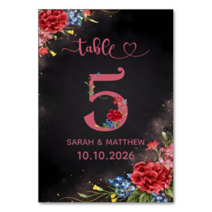 Errötende Florale Hochzeit Tischnummer 5 Karte
