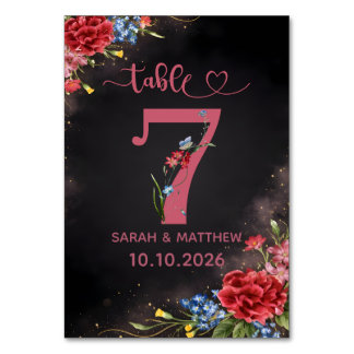 Errötende Florale Hochzeit Tischnummer 7 Karte