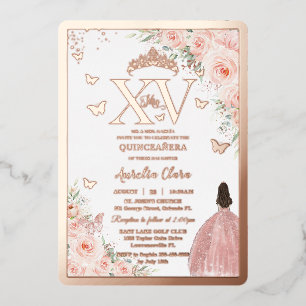 Errötende Florale Quinceañera Quince 15 XV Rosen G Folieneinladung