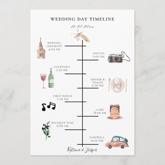 Errötende Navy Blumen Hochzeit Zeitplan Programm (Vorderseite)