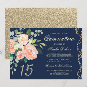 Errötende Pfirsich-Blumen-Gold-Glitter-Navy-Quince Einladung