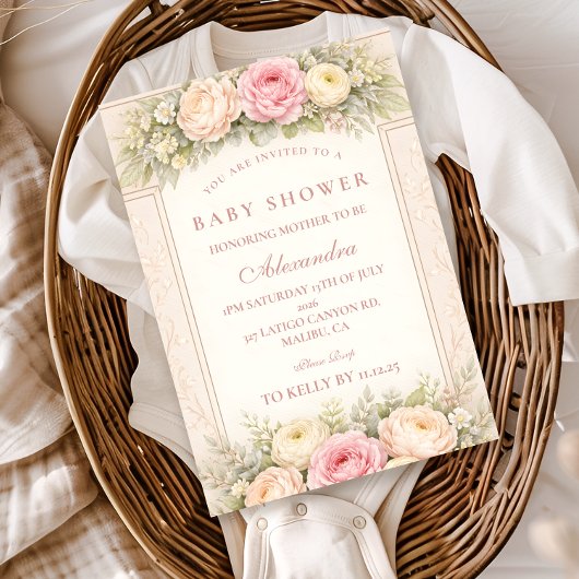 Errötende Ranunkel- und Rosengarten-Babyshower Einladung