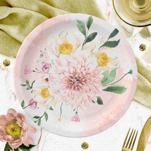 Errötende romantische Aquarell-Blumen-Brautparty Pappteller