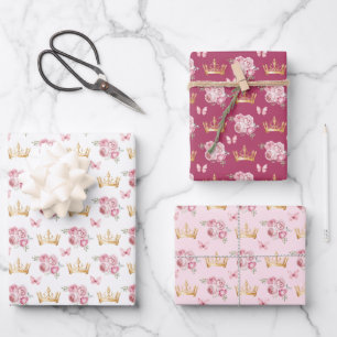 Errötende rosa Blumen und goldene Kronen Geschenkpapier Set