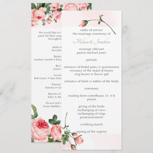 Errötende rosa Rosen Blumen Hochzeitsprogramm Programm (Vorne/Hinten)