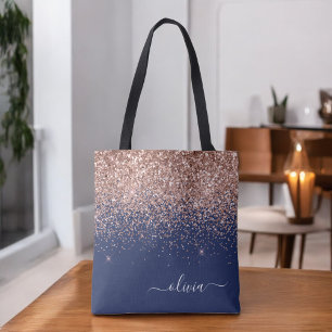 Errötende rosa Rosen Gold Navy Blau Glitter Monogr Tasche