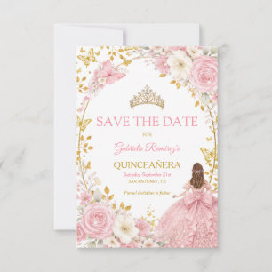 Errötende rosa Rosen Golden Quinceañera  Save the  Date
