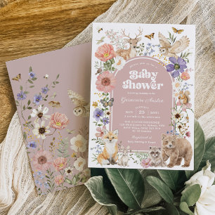 Errötende Waldtiere Florale Mädchen-Baby-Party Einladung
