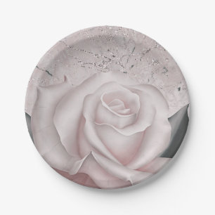 Errötende Weiße Rose Glam Moderne Marmor Brautpart Pappteller