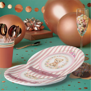 errötender brauner Teddybär florales Aquarell Pappteller