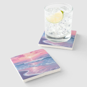 Errötender Ozean Sonnenuntergang Wellen Aquarell Steinuntersetzer