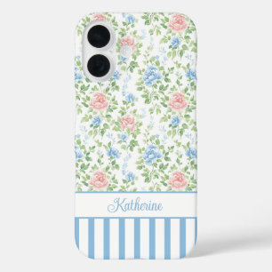 Errötendes Blau Wasserfarben Florales Monogramm iPhone 16 Hülle