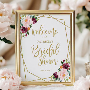 Errötendes Burgunder Blumen Hochzeitsdusche Willko Poster