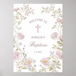 Errötendes Florales Rahmen Willkommen zur Taufe Poster
