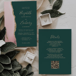 Errötendes Gold Achat Smaragdgrün QR-Code Hochzeit Einladung