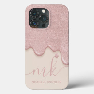 Errötendes Goldrosen-Tan-Glitter-Tropfen-Monogramm Case-Mate iPhone Hülle