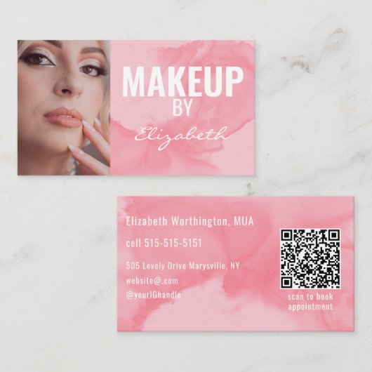Errötendes Korallenrosa Wasserfarbe QR-Code Makeup Visitenkarte (Vorne/Hinten)