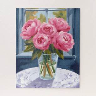Errötendes Pfingstrosenbouquet Rosa Blumenmalere Puzzle