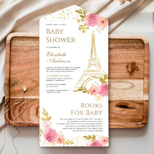 Errötendes Rosa Blumen Gold Eiffelturm Babyparty All In One Einladung