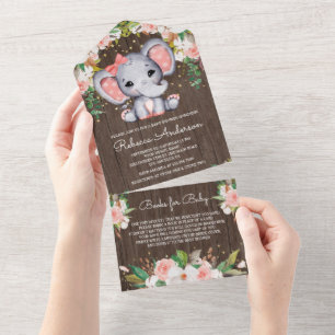 Errötendes Rosa Blumen Holz Süßer Elefant Babypart All In One Einladung
