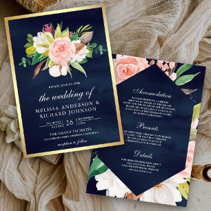 Errötendes Rosa Blumen Navy Blau All-in-One-Hochze Einladung