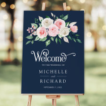 Errötendes Rosa Blumen Navy Blau Hochzeits Willkom