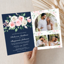 Errötendes Rosa Blumen Navy Blau QR-Code Hochzeit