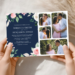 Errötendes Rosa Blumen QR Code Marineblau Hochzeit Einladung