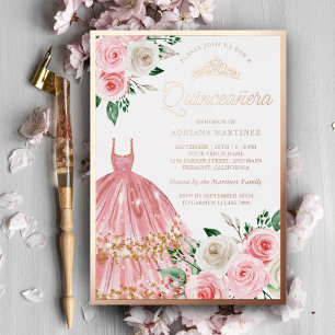 Errötendes Rosa Blumenkleid Quinceanera Rosen-Gold Folieneinladung