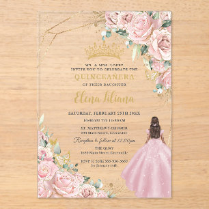 Errötendes Rosa Blumenprinzessin Gold Quinceanera Acryleinladungen
