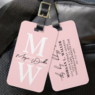 Errötendes Rosa Elegantes Monogramm Name Gepäckanhänger