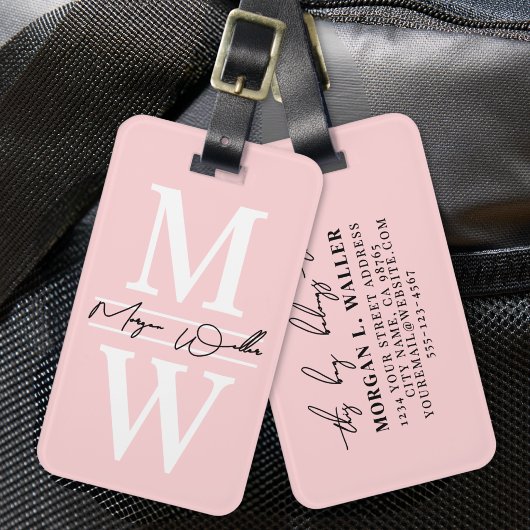 Errötendes Rosa Elegantes Monogramm Name Gepäckanhänger